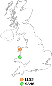map showing distance between LL55 and SA46