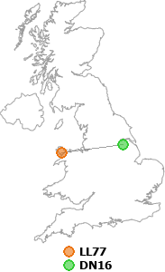 map showing distance between LL77 and DN16