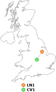 map showing distance between LN1 and CV1