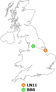 map showing distance between LN11 and BB8