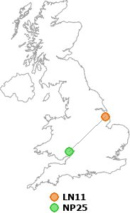 map showing distance between LN11 and NP25