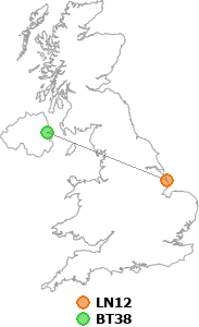 map showing distance between LN12 and BT38