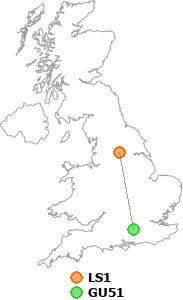 map showing distance between LS1 and GU51