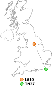map showing distance between LS10 and TN37