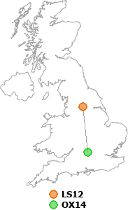 map showing distance between LS12 and OX14