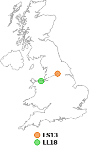 map showing distance between LS13 and LL18