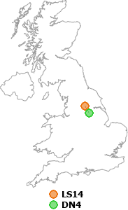 map showing distance between LS14 and DN4