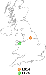 map showing distance between LS14 and LL24