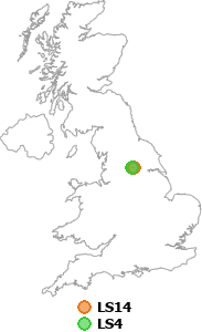map showing distance between LS14 and LS4