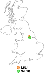 map showing distance between LS14 and WF10