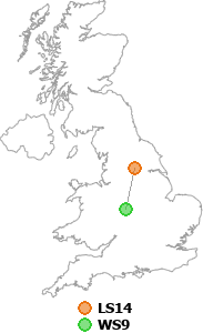 map showing distance between LS14 and WS9