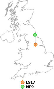 map showing distance between LS17 and NE9