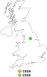 map showing distance between LS18 and LS16