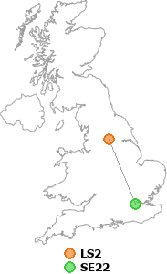 map showing distance between LS2 and SE22