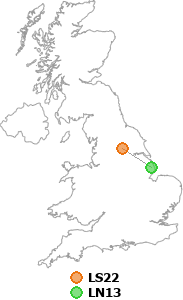 map showing distance between LS22 and LN13