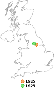 map showing distance between LS25 and LS29
