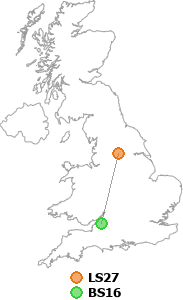 map showing distance between LS27 and BS16