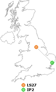 map showing distance between LS27 and IP2