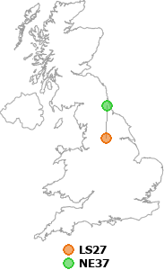 map showing distance between LS27 and NE37