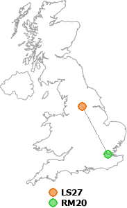 map showing distance between LS27 and RM20