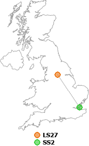 map showing distance between LS27 and SS2