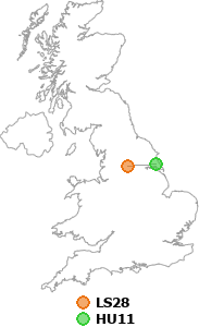 map showing distance between LS28 and HU11