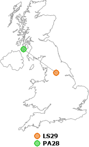 map showing distance between LS29 and PA28