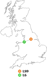 map showing distance between LS9 and L6