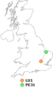 map showing distance between LU1 and PE31