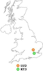 map showing distance between LU2 and KT3