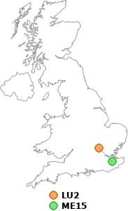 map showing distance between LU2 and ME15
