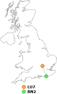 map showing distance between LU7 and BN2