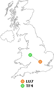 map showing distance between LU7 and TF4