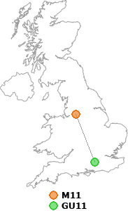 map showing distance between M11 and GU11