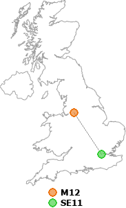 map showing distance between M12 and SE11