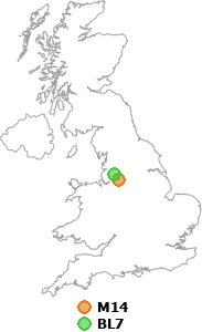 map showing distance between M14 and BL7