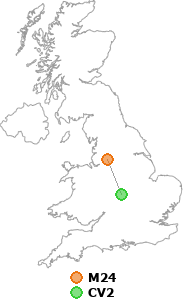 map showing distance between M24 and CV2