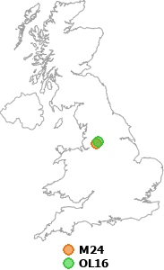 map showing distance between M24 and OL16