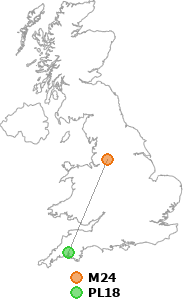 map showing distance between M24 and PL18
