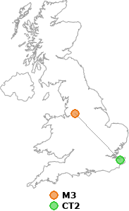 map showing distance between M3 and CT2