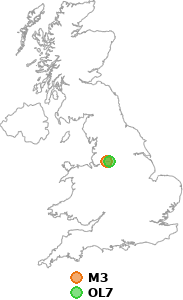 map showing distance between M3 and OL7