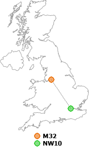 map showing distance between M32 and NW10