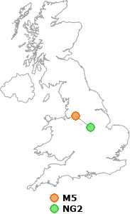 map showing distance between M5 and NG2