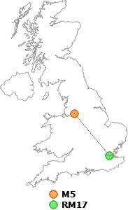 map showing distance between M5 and RM17