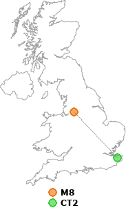 map showing distance between M8 and CT2