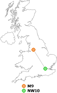 map showing distance between M9 and NW10
