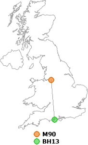 map showing distance between M90 and BH13