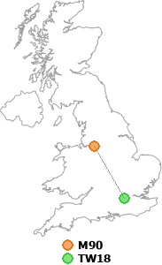 map showing distance between M90 and TW18
