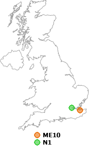 map showing distance between ME10 and N1