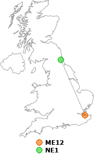 map showing distance between ME12 and NE1